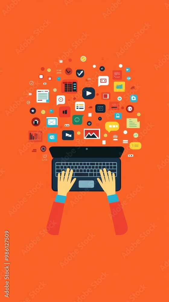Leinwandbilder Hands typing on a laptop with digital icons representing various tools. Concept of programming and software development.