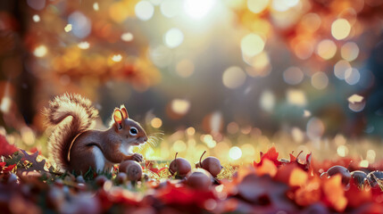 Squirrel Gathering Acorns in Autumn