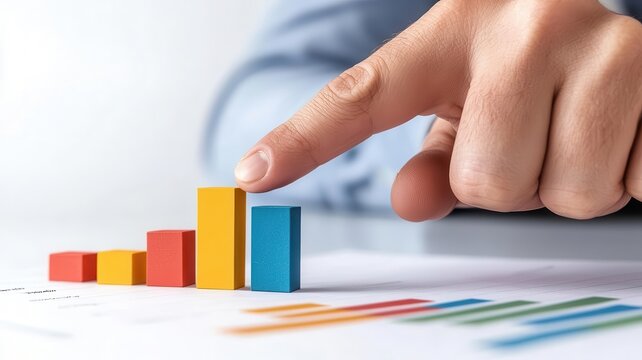 Closeup of a consultant s finger pointing at a bar chart on a financial report, explaining trends, closeup pointing chart, financial report expertise