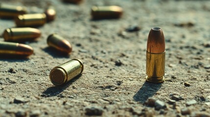 A single bullet stands upright on a sandy surface, surrounded by other bullets.