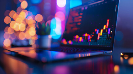 Obraz premium Digital market data displayed on laptop with colorful bokeh lights