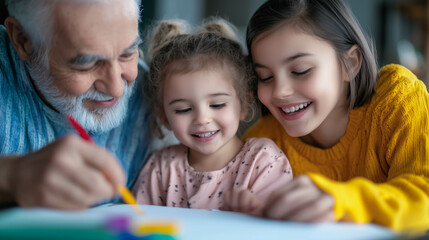 Obraz premium Grandfather and grandchildren painting together