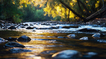 Fototapeta premium Blurred bokeh of a calm, flowing river