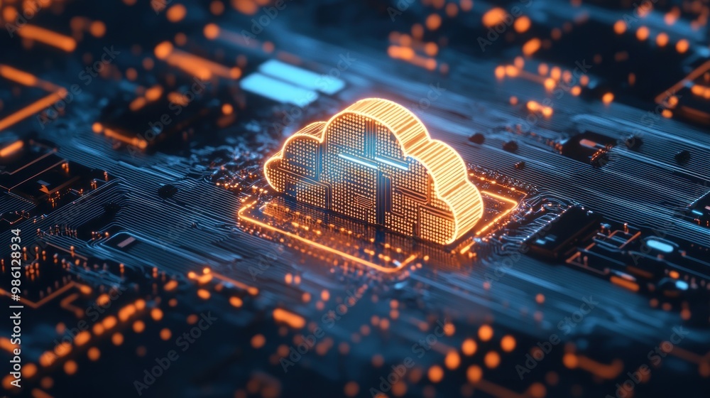 Wall mural a glowing cloud icon sits on a circuit board, symbolizing the concept of cloud computing.