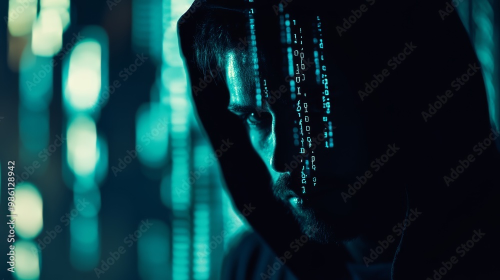 Poster Hacker with code projected on face against a dark, glowing background, representing cybersecurity and data breaches.