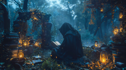 Mystic Reading Ancient Tome in Enchanted Moonlit Woods