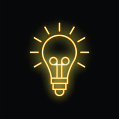 Bright yellow neon lightbulb shining on a black background, representing a new idea