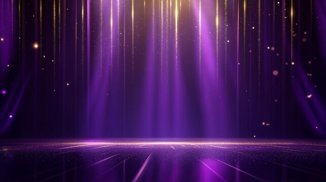 purple elegant stage backdrop with glitter gold light shin on floor, festive and celebration vibes