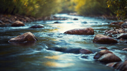 Blurred bokeh of a calm, flowing river