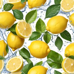 Lemon in a water texture background, featuring fresh citrus fruit and vibrant yellow tones