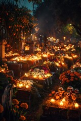 Day of the Dead Cemetery with Illuminated Sugar Skulls, Candles, and Marigolds at Night