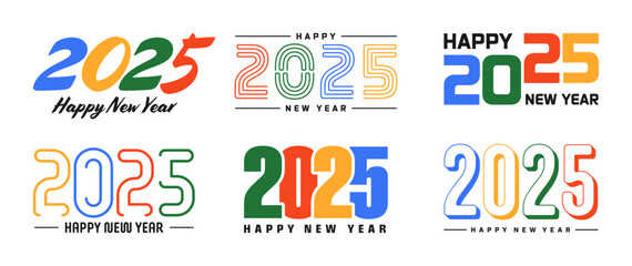 Set of 2025 Happy New Year greeting text designs. Christmas banner, poster, festive greeting card or seasonal promotion template. Collection of 2025 numbers with greetings. Vector illustration