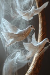 White doves flying from a golden horn, representing peace and hope.