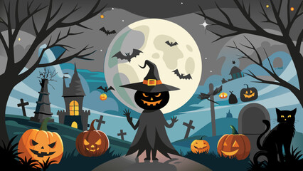halloween backgrounds night with bright moon haunted house/castle with pumpkins and 
dark silhouettes ,bats and cats 
