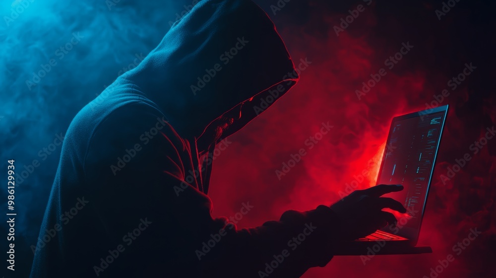 Fototapete Hacker in neon-lit room typing on a laptop with coding interface. Represents cybercrime and hacking operations.