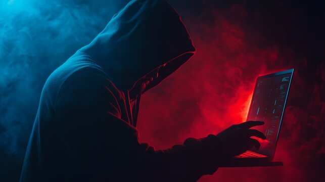 Hacker in neon-lit room typing on a laptop with coding interface. Represents cybercrime and hacking operations.