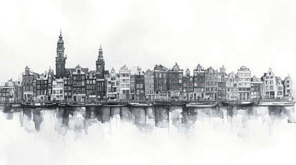Obraz premium Amsterdam, Netherlands, black and white pen pencil hand-drawn effect drawing illustration for travel poster, card, wallpaper, backdrop or banner. Modern, clear, artistic and simple
