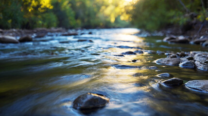 Blurred bokeh of a calm, flowing river