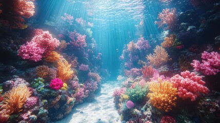 Naklejka premium surreal underwater scene with vibrant coral reefs teeming with exotic fish species sunlight filters through crystalclear water casting ethereal shadows on the ocean floor