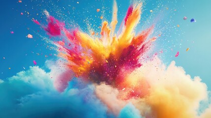 Colorful powder explosion with blue sky in the background.
