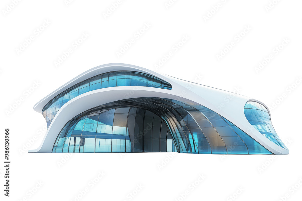Aufkleber Futuristic office building with curved structures and metallic finish isolated on white background showcasing innovative design elements and bold geometry