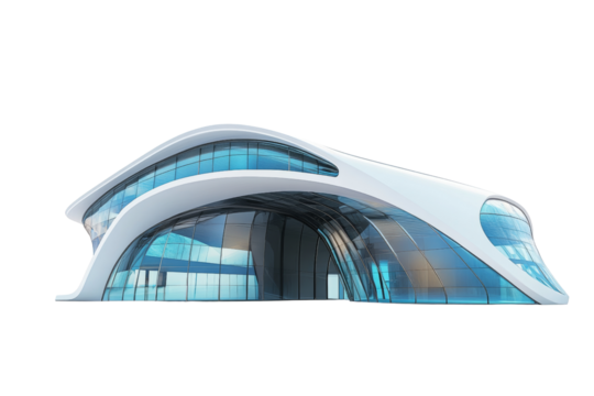 Futuristic office building with curved structures and metallic finish isolated on white background showcasing innovative design elements and bold geometry