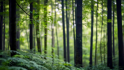 Fototapeta premium Blurred bokeh of a lush, green forest