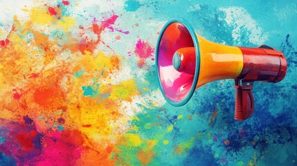 Colorful Megaphone on Splashes Background.