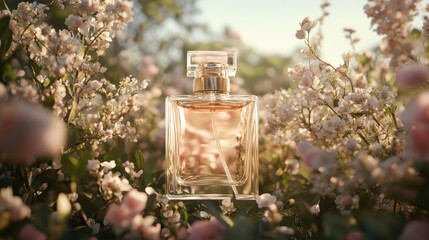 A delicate perfume bottle framed by flowers, representing beauty, grace, and femininity.
