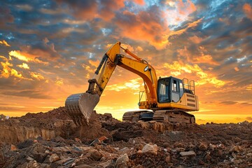 Excavator Digging at Sunset