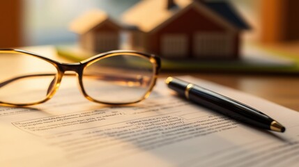 Fototapeta premium A document with glasses, pen, and a house model in the background, representing real estate planning and investment.