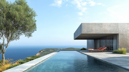 Modern villa with infinity pool overlooking the lake and mountains surrounded by lush trees during a clear summer day