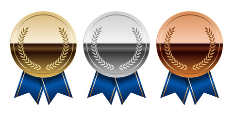 Golden silver and bronze glossy mirror medal with ribbons for sport and games