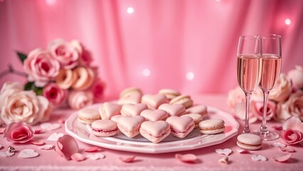 Naklejka premium Romantic Valentine's Day Setup with Heart-Shaped Macarons and Champagne