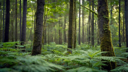 Obraz premium Blurred bokeh of a lush, green forest