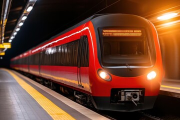 Naklejka premium A subway train arriving at an underground platform, symbolizing efficient city transport systems Subway train, City transport