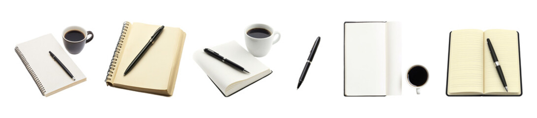 Coffee, notebooks, and pens ready for creative writing or planning sessions.