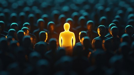 Obraz premium A glowing figure highlighted in a crowd, representing individuality and career development potential.