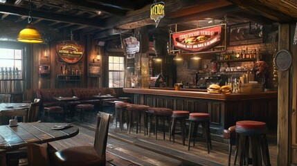 Fototapeta premium A lively BBQ restaurant offers smoked brisket sandwiches topped with pickles on wooden tables.
