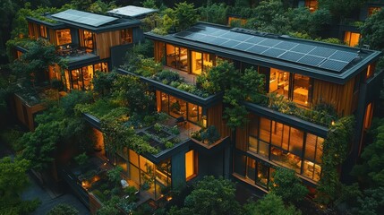 Obraz premium sustainable neighborhood aerial view solar panel rooftops electric vehicle charging stations community gardens smart grid infrastructure ecofriendly architecture