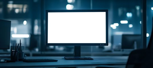 Stylish Office Setup Featuring a Computer Screen Mockup - Transparent PNG Banner for Creative Professionals, Designers, and Digital Content Creators
