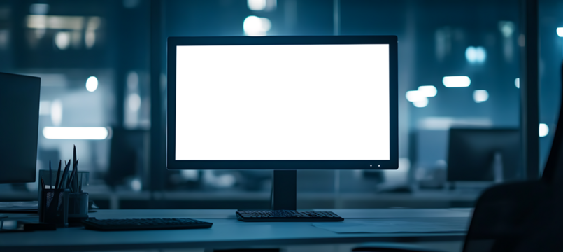 Stylish Office Setup Featuring a Computer Screen Mockup - Transparent PNG Banner for Creative Professionals, Designers, and Digital Content Creators
