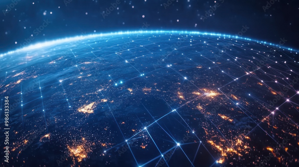 Wall mural abstract network connection lines around the earth globe at night.