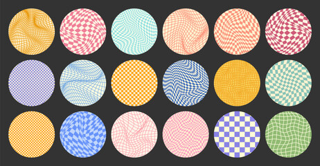 Groovy checkered pattern, round colorful tiled grid. Vintage wavy curved backdrop, distortion effect. Funky geometric chessboard texture, retro background in 90s style, y2k. Vector illustration