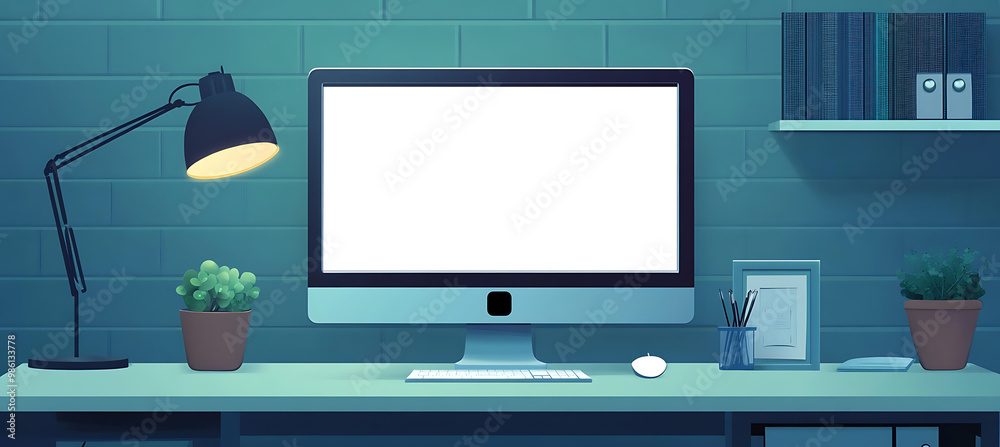 Wall mural minimalist computer screen mockup in a high-tech office environment - transparent png banner ideal f