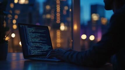 Close-up of a developer typing code on a laptop with city lights and reflections in the background. Late-night programming session.