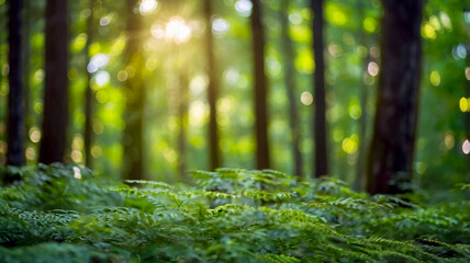Obraz premium Blurred bokeh of a lush, green forest