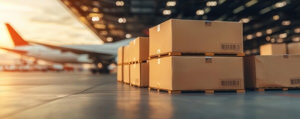 An airplane unloading cargo boxes at an airport terminal, symbolizing air freight and fast global shipping Air cargo, Airport freight