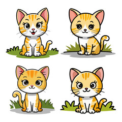 Set of cat vector illustrations in cartoon style. Super Cute cats with big eyes on white background