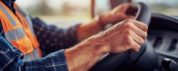 Closeup of a driver s hands on the wheel of a freight truck, symbolizing the role of truck drivers in logistics and longdistance transport Truck driver, Logistics transport